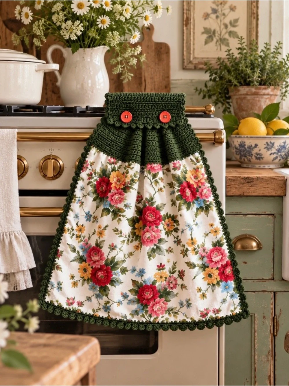 Pioneer Woman Floral Crochet Hanging Kitchen Towel Moss Green Handmade